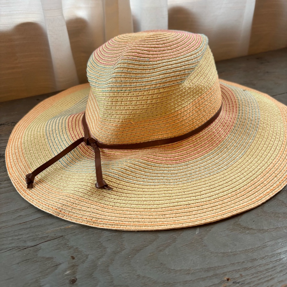 Talbots multi color stripe paper straw wide brim sun hat